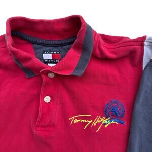 Tommy Hilfiger Polo Shirt M 90s Y2K Red Navy White Colorblock Embroidered 85